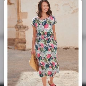 Woolovers Elasticated Waist Tropical Pockets Midi Lagenlook Travel Dress Sz M